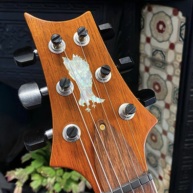 Private Stock Peruvian Mahogany, Ebony, MOP and Madagascar Mahogany - headstock